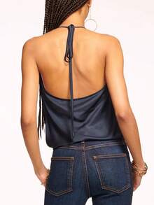 Women's Draped Cowl Neck Halter Top Deep V Backless Going Out Crop Tops - Navy Blue - View 4