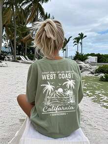 Summer Tops Mother's DayWomen's New Summer Casual Round Neck Short Sleeve T-Shirt, Simple Versatile Palm Tree Slogan Print, Suitable For Daily Wear. Graphic Tee, Women's T-Shirt Top Vacation.Loose And Comfortablesummer Clothes Easter - 綠色 - 查看 12