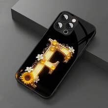 Letra F dorada con patrón de flores y gemas, adecuada para funda de  17 Pro Max, funda de  16 Pro Max/14/15/15 Plus/13P/12/11/7/6/8P/X/XR/XS Max, funda protectora de vidrio a prueba de golpes de doble cara de alta estética - Colores mixtos - Ver 3