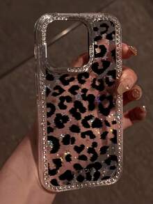 Cheetah,Leopard Print Leopard Print Luxury Black Leopard Rhinestone Phone Case, Suitable Compatible With Iphone 17 Pro Max, 16 Pro Max, 15 Pro Max, 14 Pro Max, 13 Pro Max, 12 Pro Max, 17 Pro, 16 Pro, 15 Pro, 14 Pro, 13 Pro, 12 Pro, 16, 15, 14, 12, 13, 11, Soft Shock-Proof Back Cover, Anti-Drop Phone Protective Case With Wrist Strap - Black Leopard Print - View 3