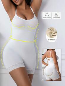 1pc Women Seamless Lace Shapewear Jumpsuit With Spaghetti Straps, Tummy Control, Bust Lift, Butt Lift - White - View 2