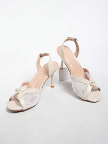 Lace Faux Pearl Open Toe Sandals, Banquet Strap Mid-High Heels, Bridal Wedding Shoes - Beige - View 5