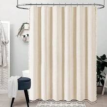 Boho Farmhouse Shower Curtain Linen Rustic Weighted Striped Cloth Shower Curtain Set With Tassel Water Repellent Bohemian Vintage Country Fabric Shower Curtain For Bathroom Cream/Beige 72x72 - A - 奶油色+60英吋寬 x 84英吋長(1 件裝) - 查看 6
