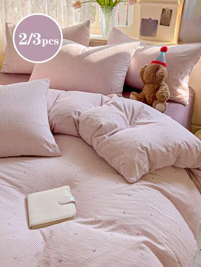 2/3pcs Purple Stripes, Small Love Shape, Fresh And Lovely, Jacquard Technology, Super Soft, Suitable For Both Boys And Girls, Student Dormitory Dress, Student Susie, Sweet And Lovely Girl, Student, Spring And Summer Washed Sanding Quilt Cover Pillowcase Set, Double Bed, Queen Bed And King Bed Are Optional.