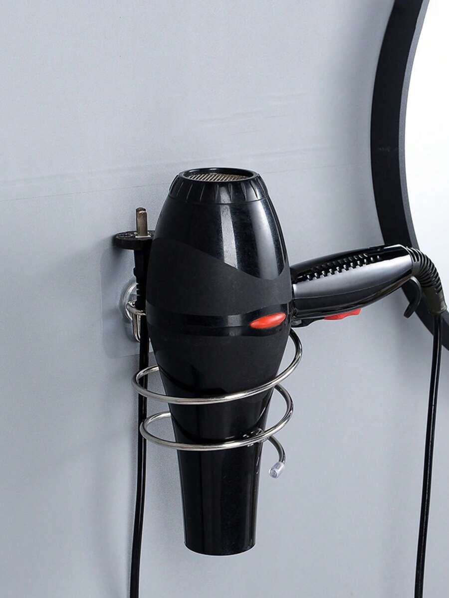 1/3pcs No Drill Hair Dryer Holder, Home Bathroom Hair Dryer Rack, Bathroom Storage Shelf, Hair Dryer Rack, Stainless Steel Adhesive Hair Dryer Holder, Transparent Sticky Hook - Silver - View 1