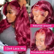 13x4蕾丝前假发，真人前额发丝，预先拔毛，波浪卷发，混合发丝，34英寸长，自然酒红色，99j假发，使用寿命更长，分缝高清蕾丝前假发，隐形发际线 - SBUG - 查看 8