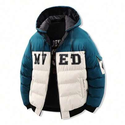 Abrigo de plumón de doble cara para hombre, bordado, grueso, corte holgado, con capucha desmontable con cremallera, chaqueta de invierno, diseño de bloques de color, tipo puffer, cálido, resistente al viento, ligero, cómodo, ideal para deportes al aire libre, estilo casual y moderno.
