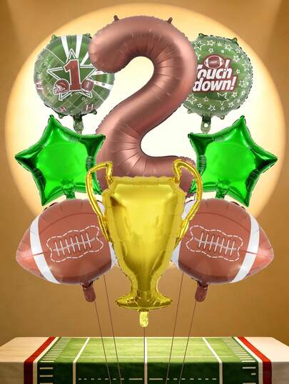 8pcs Football Theme Balloon Decoration Set, 40-Inch Coffee Color 0-9 Number Foil Balloons, Gold Trophy Balloon, Football Shaped Balloons Suitable For Birthday Party, Sports Theme Decor