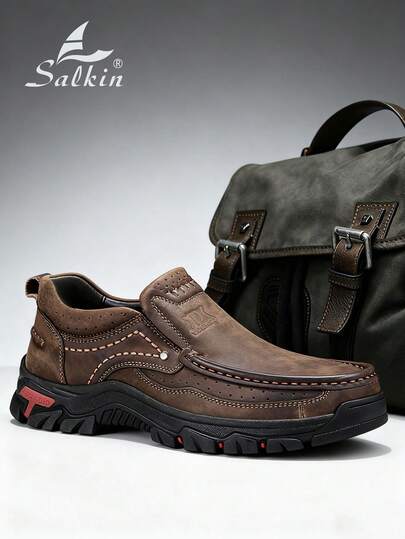 Salkin 男士奢华设计师手工莫卡辛乐福鞋，休闲皮鞋，防滑透气驾车鞋，适合春、夏、秋季户外散步，小码 - 请订购大一码