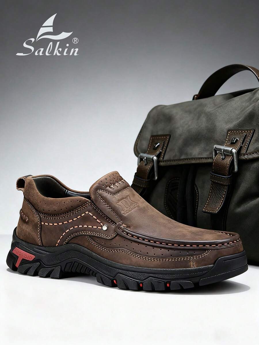 Salkin 设计师奢华手工男士一脚蹬乐福鞋休闲鞋，皮革驾车鞋，男士轻便透气防滑平底鞋，适合春夏秋季户外和日常穿着，请订购大一码 - 棕色 - 查看 1