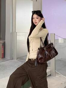 女士长袖T恤，修身轻盈，独特设计，适合秋冬季叠穿 - 杏色 - 查看 3