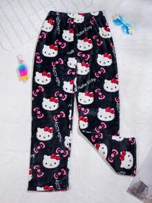 Hello Kitty Flannel Pants - Cute Kitty Sleeper, Hello Kitty Face Pattern Pants, Perfect Gift For Large Women Comfortable Home Dressing - Black - View 2