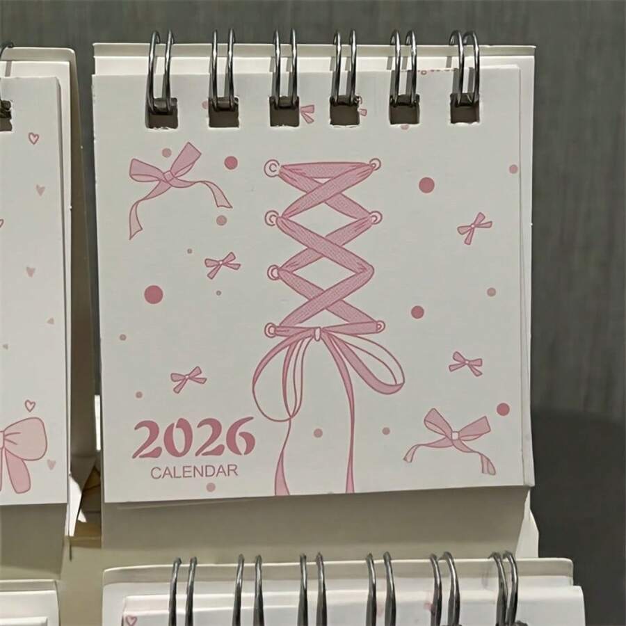 1pc 2026 Pink Bow Desktop Calendar - Fashionable Mini Desktop Decor