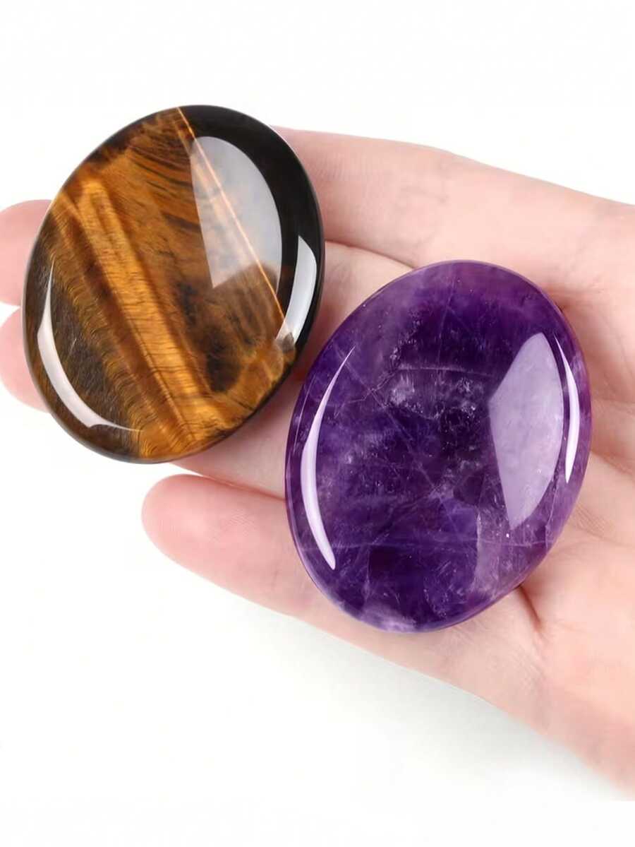 2件天然紫水晶和虎眼石雕刻拇指按摩石，手工椭圆形拇指按摩放松掌石套装
