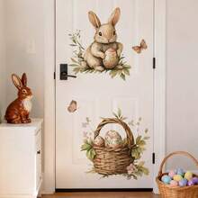 2 pezzi Adesivi da parete rimovibili in PVC con decorazioni floreali e coniglietti, adatti per decorare camera da letto, soggiorno, balcone e finestre per la Pasqua primaverile - Multicolore - Visualizzare 7