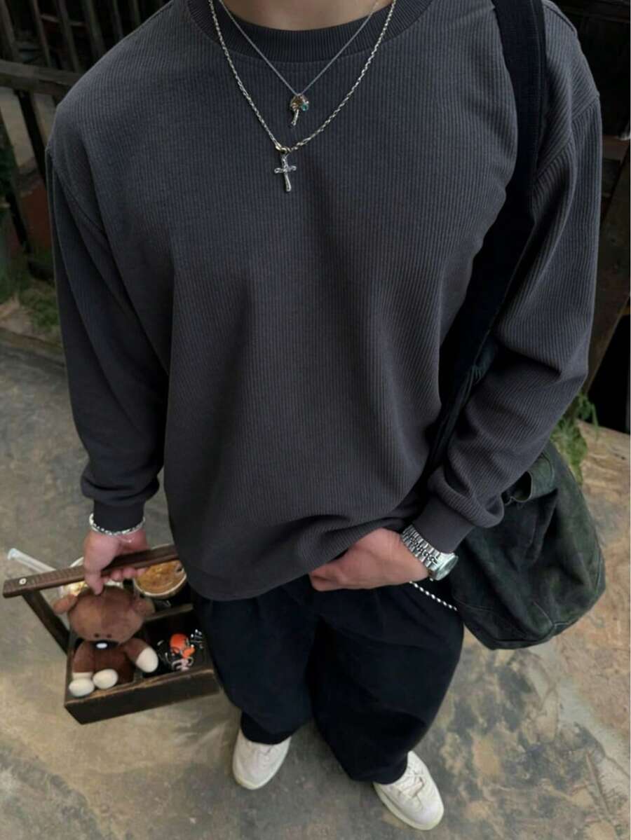 Men's Corduroy Crewneck Sweatshirt Spring/Autumn Solid Color Casual Versatile Long-Sleeve Pullover Sports Shirt Comfortable Fabric Round Neck - Xám - Xem 1