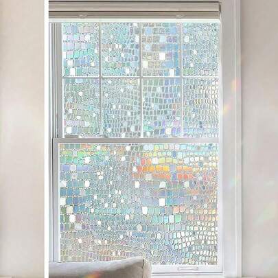 1pc Stained Glass Privacy Window Film, UV-Blocking Static Cling Vinyl With Rainbow Prism Effect - Adhesive-Free Decorative Film For Interior Doors.
