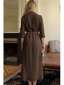 Women's Elegant Shirt Collar Long Sleeve Dress, Suitable For Everyday Wear In Autumn/Winter, Halloween, Ramadan, Christmas - Brown - View 4