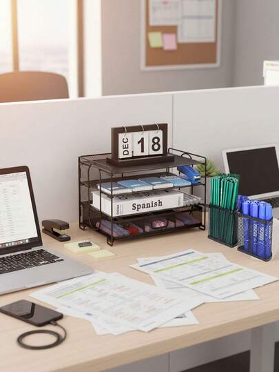 4-stöckiger Metall-Mesh-Schreibtisch-Dateiorganizer, Büroartikel-Dateihalter-Korb und Dokumentenablage, Schreibtischzubehör und Arbeitsplatzorganisator mit Schubladen und 2 Stifthaltern, geeignet für Schule und Büro Zuhause