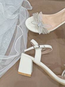 新款水钻闪亮蝴蝶结细高跟凉鞋，适合青少年及各种场合 - 白色 - 查看 5
