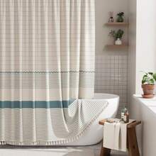 Boho Shower Curtain Modern Farmhouse Shower Curtain Set With Tassels Rustic Faux Linen Green Striped Shower Curtain With Hooks Light Tan Toned 72x72 Inches - 條紋藍 - 查看 1