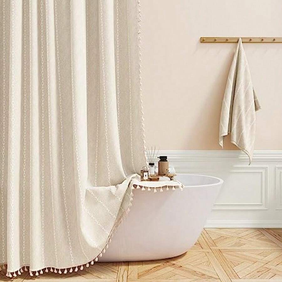 Boho Farmhouse Shower Curtain Linen Rustic Weighted Striped Cloth Shower Curtain Set With Tassel Water Repellent Bohemian Vintage Country Fabric Shower Curtain For Bathroom Cream/Beige 72x72 - A - 奶油色+72吋寬 x 96吋長(1 件裝) - 查看 1