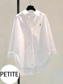 娇小款女士白色长袖翻领衬衫，采用无弹力涤纶面料，常规长度，不对称下摆 - 白色 - 查看 1