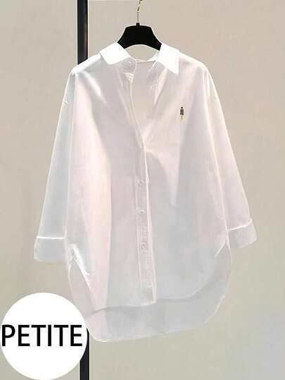 Petite Women's White Long Sleeve Collared Blouse, Made Of Non-Stretch Polyester Fabric, Regular Length, Asymmetric Hemline