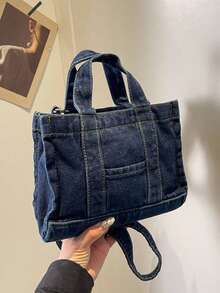 This New, Stylish, And Classic Square Tote Bag Features Double Handles And Denim Trim. Perfect For Outdoor Activities, Commuting, Shopping, Campus Life, And Short Trips. - Blue - View 6