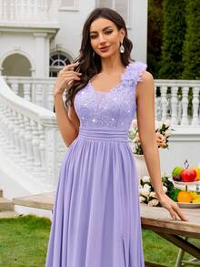 MIUSOL Robe de soirée longue en mousseline de soie avec encolure en cœur, volants, fente et dentelle fleurie pailletée. Robe de cérémonie formelle, convient pour les invités de mariage, les cérémonies de remise de diplômes, les dîners de gala et autres occasions - Parme - Voir 8