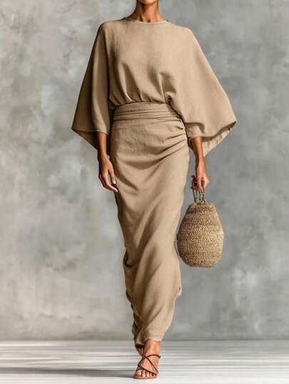 2pcs Bohemian Style Batwing Sleeve Top And Long Skirt Set, Suitable For Vacation, Spring/Summer, European Style, Retro Boho, Singles Party, Back To School, Festivals, Party Dress, Prom Dress. Well-Crafted, Suitable For Summer Wear, Also Suitable For Easter, Rave Music Festival, Concert, Brunch, Wedding Guest, Showcasing Boho Vibe.