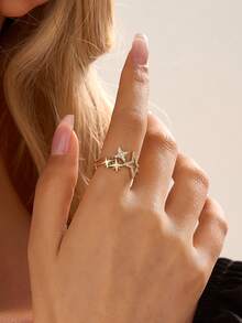 1pc Elegant Sparkling Star Shaped Zirconia Inlaid Open Ring, Suitable For Festivals, Leisure And Vacation Wear - Gold - View 6