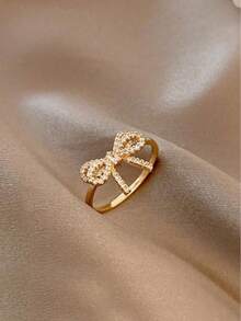 1pc Fashionable Personalized Sweet Creative Design Micro-Inlaid Cubic Zirconia Bowknot Open Ring Valentines, Mom, Mother, Mother's Day, Gift - Gold - View 2