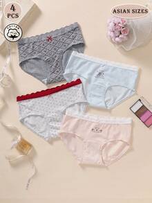 4条/包 情人节限量版波点撞色蕾丝边透气加长棉质裆部弹力腰带女士平角内裤 - 彩色 - 查看 1