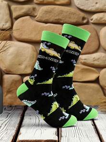 1 Pair Men's Dinosaur Pattern Mid-Calf Socks, Dinosaur Print Socks Suitable For Daily Wear - Multicolor - View 2