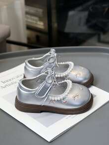 1 Pair New Pearl Cherry Girls Leather Shoes, Butterfly Embroidery Soft Bottom Princess Shoes - Silver - View 6