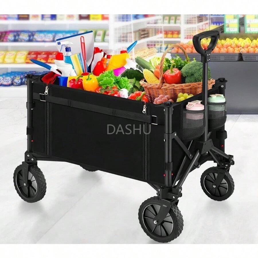 Portátil para Carga Extra Larga hasta 150 Kg,Carrito Plegable con Ruedas Giratorias y Puerta Lateral -  Plegado Fácil por Mujeres Adultas, Transporte de Mercancías, Niños y Mascotas (Negro) - Negro754 - Ver 1