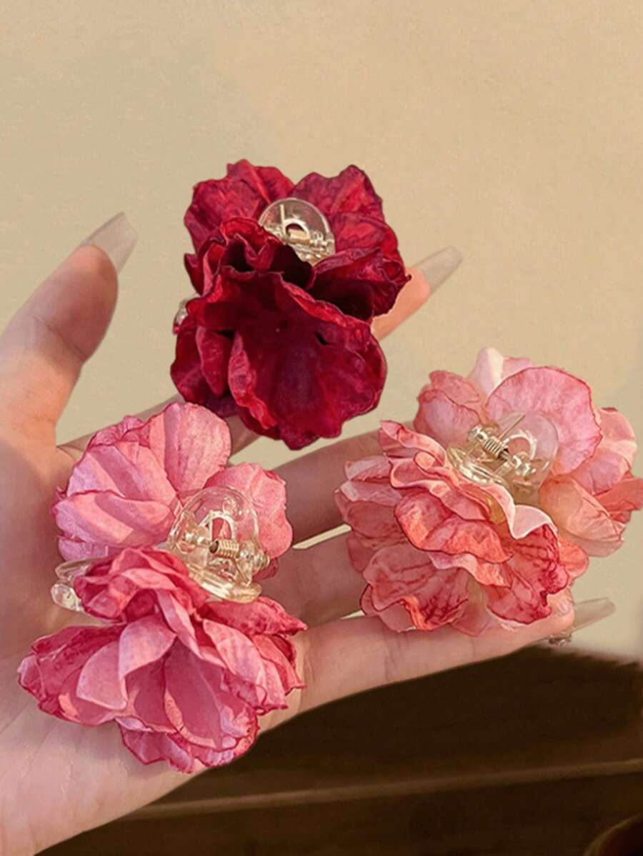 3pcs 3D Floral Hair Clips For Women, Pink Petite Hair Claws, Side Clips, Suitable For Half Updo, Elegant, Vacation Style, Beach, Outdoor, Fashionable & Cute, Daily Wear, Holiday Gatherings, Parties, Travel Outfits, Gift For Girls - Multicolor - View 1