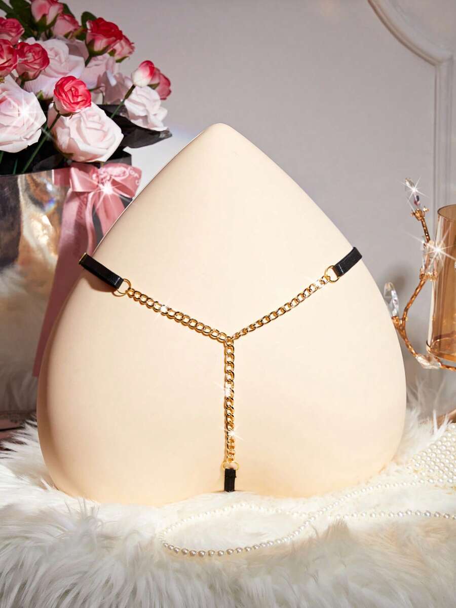 情人节礼物：纯色蕾丝链条丁字裤，性感低腰半透明T字后背内裤，女士性感内衣 - 黑色 - 查看 1