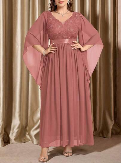 Voworia 深 V 领撞色亮片蕾丝蝴蝶袖雪纺舞会长裙