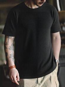 男士格子褶皱短袖T恤，新款夏季修身纯色休闲上衣 - 黑色 - 查看 4