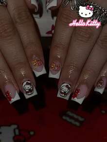 SANRIO 24片装短方形3D凝胶白色法式美甲贴片，粉色冬日旋律图案，饰有蝴蝶结、姜饼人和礼物装饰，粉色少女风，完美适配亚克力假指甲套装，内含1支果冻胶和1把指甲锉，适合女性、女孩日常、派对和聚会使用。 - 彩色 - 查看 2