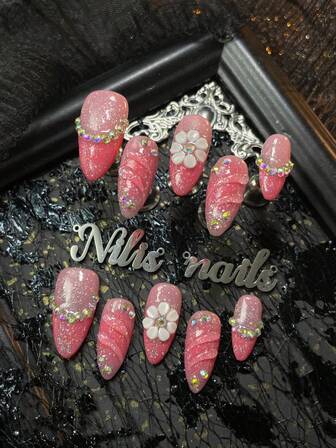 10pcs Almond Nail Acrylic Kit,Pink Nail Art,Pink French,Pink Tie Dye,3D Stereo Flowers&Colored Diamonds Nail Accessories Decoration Design Full Cover Press On Nail,Hand Drawn Geometric Patterns,Y2K Style Nail Art Set,Suitable For Women And Girls For Parties&Party&Ceremonies And Daily Use(Includes:A Piece Of Jelly Glue And A Friction Strip) Nail Supplies