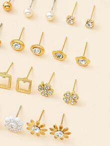 20 Pairs Women's Cute Flower, Rhinestone, Heart, Triangle, Geometric Fashion Earrings, Suitable For Everyday Wear - Yellow Gold - View 4