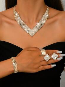 Fashionable Bridal Jewelry Set - Rhinestone Necklace, Earrings, Bracelet, Elastic Ring (Multiple Styles Available For Mix And Match) - Gold - View 17