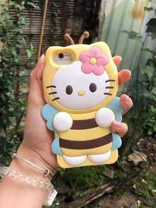 SANRIO 1pc Yellow Cartoon Hello Kitty Flower & Butterfly Full Coverage Silicone 3D Soft Shockproof Phone Case Suitable For IPhone13/14/15/16/PROMAX, Color As Shown - Pink - View 1