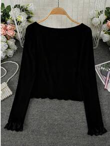 女士秋冬甜美蕾丝多功能长袖修身V领打底衫，黑色 - 黑色 - 查看 7