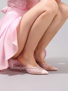 Giày cao gót hở gót ren thêu thời trang, giày dự tiệc mũi nhọn gợi cảm, sandal cao gót màu hồng thoáng khí dễ xỏ. - Hồng - Xem 11