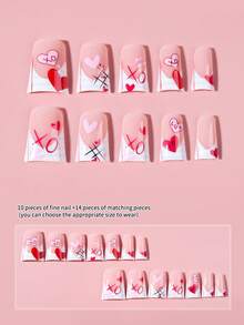 24片法式长款美甲贴纸，心形和嘴唇图案，条纹图案，完美贴合亚克力假指甲，包含1片果冻胶和1个指甲锉，法式美甲贴纸适合女性和女孩日常DIY、节日派对、情人节等场合，是美甲用品的理想之选。 - 彩色 - 查看 3
