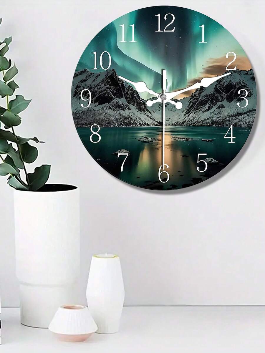 10-12英寸静音木质挂钟，饰有北极光和雪山图案 - 完美适用于客厅、卧室、办公室装饰 | 理想的圣诞节和新年礼物 - 彩色 - 查看 1